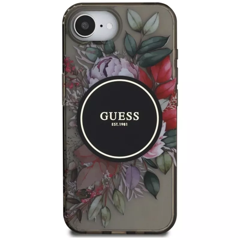 Guess IML Flowers MagSafe puzdro pre iPhone 16e (čierna)