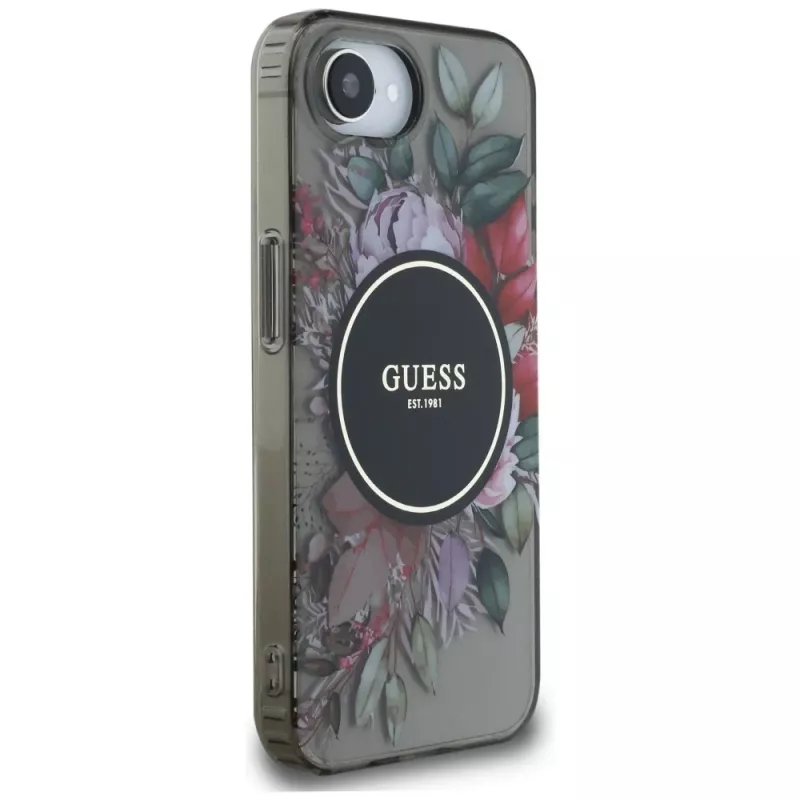 Guess IML Flowers MagSafe puzdro pre iPhone 16e (čierna)