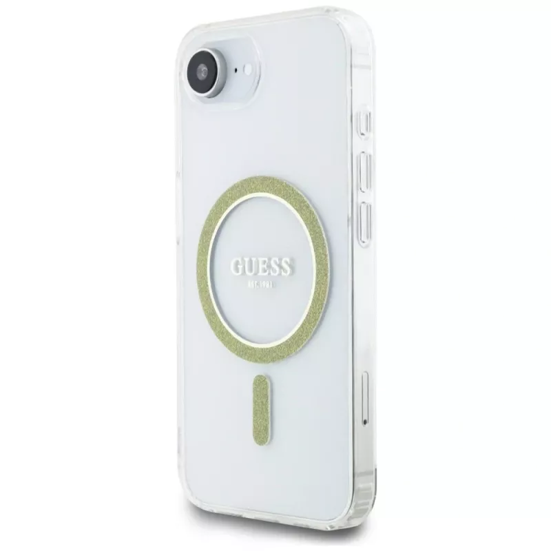 Guess IML Glitter Circle MagSafe puzdro pre iPhone 16e (transparentná)