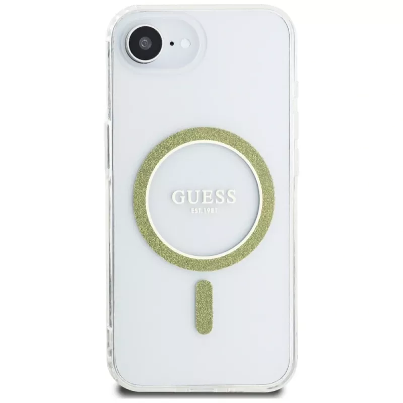 Guess IML Glitter Circle MagSafe puzdro pre iPhone 16e (transparentná)