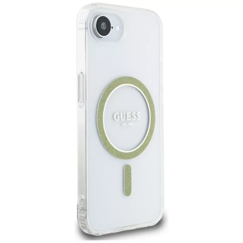 Guess IML Glitter Circle MagSafe puzdro pre iPhone 16e (transparentná)