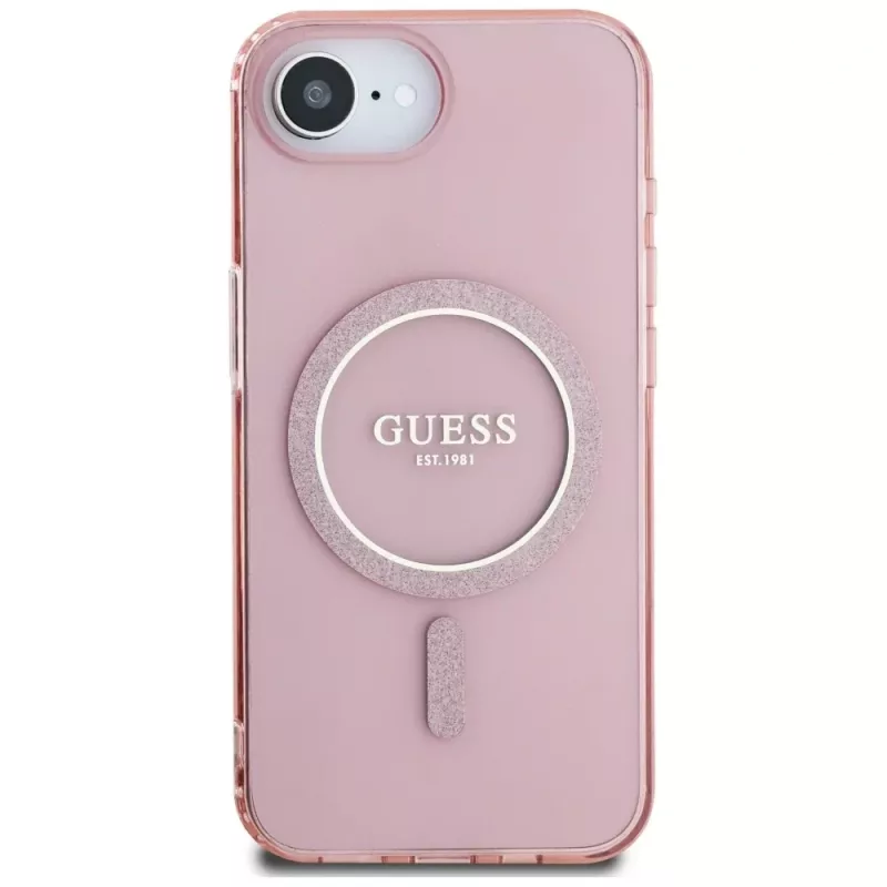 Guess IML Glitter Circle MagSafe puzdro pre iPhone 16e (ružová)