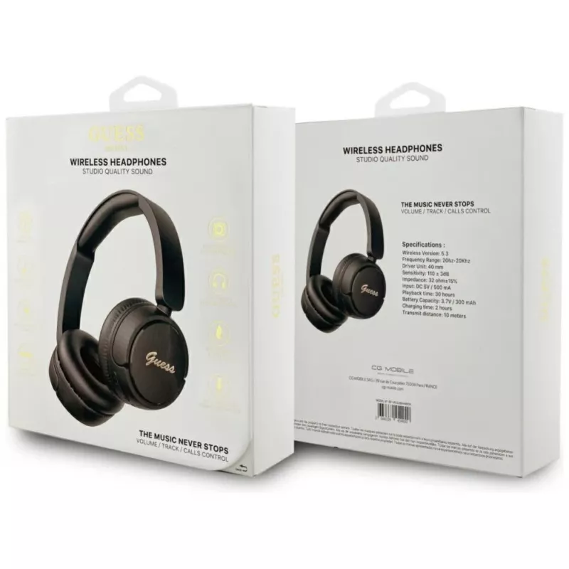 Guess Metal Logo Script bezdrôtové Bluetooth 5.3 náhlavné slúchadlá, čierna