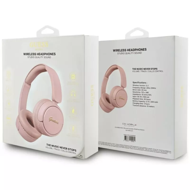Guess Metal Logo Script bezdrôtové Bluetooth 5.3 náhlavné slúchadlá (ružová)