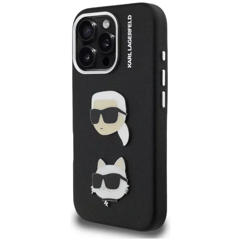KARL LAGERFELD FW Grained Karl & Choupette Heads Pins puzdro pre iPhone 16 Pro, čierna