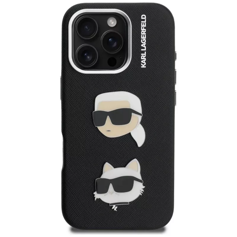 KARL LAGERFELD FW Grained Karl & Choupette Heads Pins puzdro pre iPhone 16 Pro, čierna