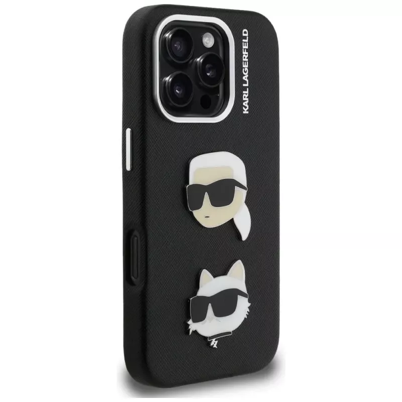 KARL LAGERFELD FW Grained Karl & Choupette Heads Pins puzdro pre iPhone 16 Pro, čierna