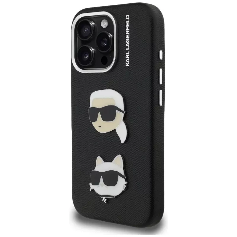 KARL LAGERFELD FW Grained Karl & Choupette Heads Pins puzdro pre iPhone 16 Pro Max, čierna