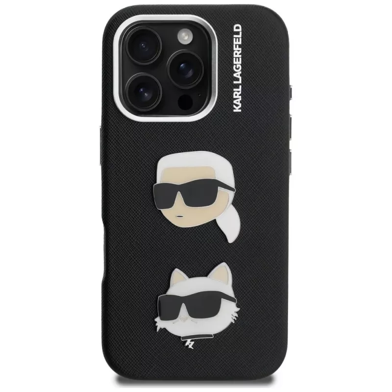 KARL LAGERFELD FW Grained Karl & Choupette Heads Pins puzdro pre iPhone 16 Pro Max, čierna
