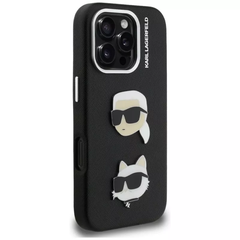 KARL LAGERFELD FW Grained Karl & Choupette Heads Pins puzdro pre iPhone 16 Pro Max, čierna