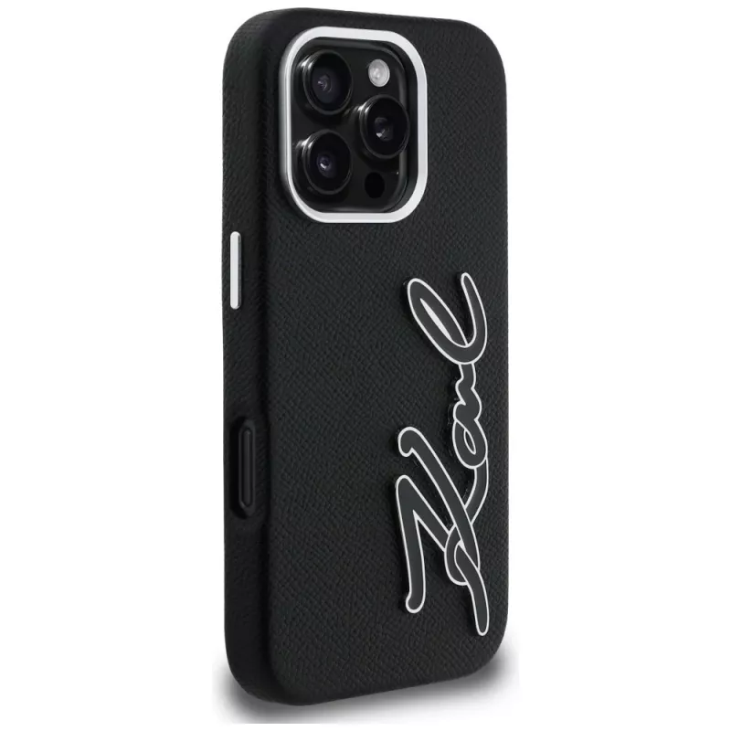 Karl Lagerfeld FW Grained Signature Logo puzdro pre iPhone 16 Pro, čierna