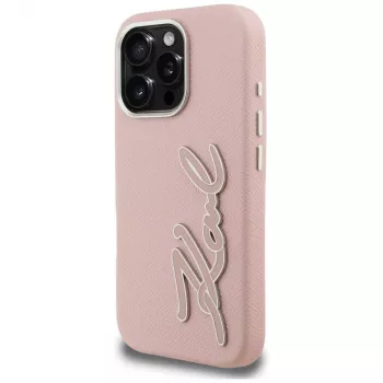 KARL LAGERFELD FW Grained Signature Logo tvrdé puzdro pre iPhone 16 Pro, ružová