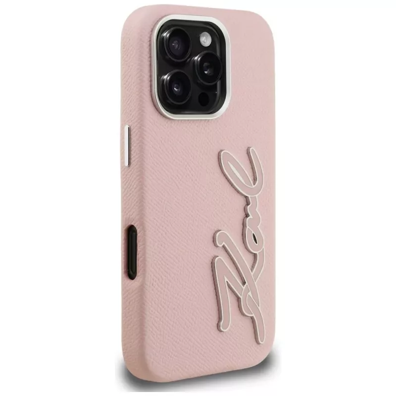 KARL LAGERFELD FW Grained Signature Logo tvrdé puzdro pre iPhone 16 Pro, ružová