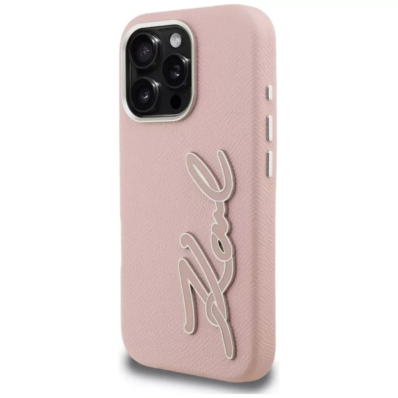 KARL LAGERFELD FW Grained Signature Logo puzdro pre iPhone 16 Pro Max ružová