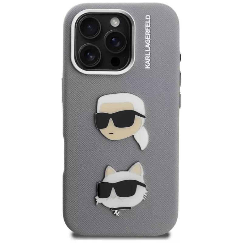 Karl Lagerfeld FW Grained Karl & Choupette Heads Pins puzdro pre iPhone 16 Pro sivá