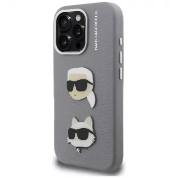 KARL LAGERFELD FW Grained Karl & Choupette Heads Pins puzdro pre iPhone 16 Pro Max, sivá
