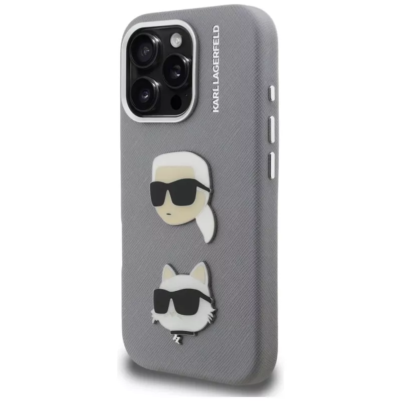 KARL LAGERFELD FW Grained Karl & Choupette Heads Pins puzdro pre iPhone 16 Pro Max, sivá