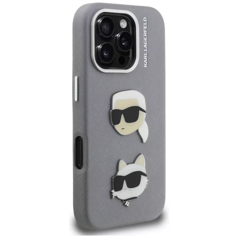 KARL LAGERFELD FW Grained Karl & Choupette Heads Pins puzdro pre iPhone 16 Pro Max, sivá