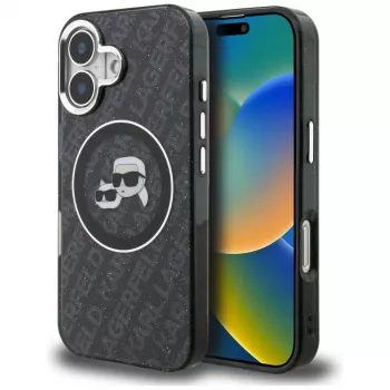 Karl Lagerfeld IML Glitter Karl & Choupette Heads Logo MagSafe puzdro pre iPhone 16, čierna
