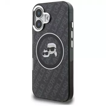 Karl Lagerfeld IML Glitter Karl & Choupette Heads Logo MagSafe puzdro pre iPhone 16, čierna