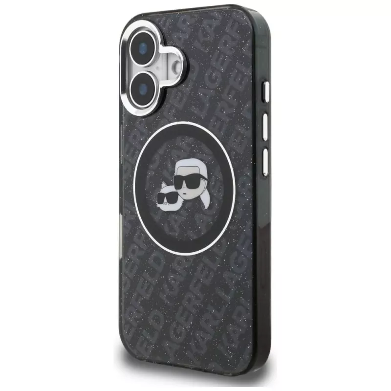 Karl Lagerfeld IML Glitter Karl & Choupette Heads Logo MagSafe puzdro pre iPhone 16, čierna