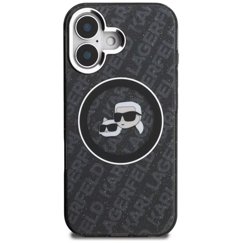 Karl Lagerfeld IML Glitter Karl & Choupette Heads Logo MagSafe puzdro pre iPhone 16, čierna