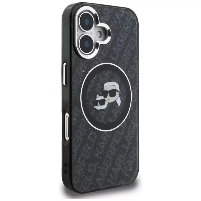 Karl Lagerfeld IML Glitter Karl & Choupette Heads Logo MagSafe puzdro pre iPhone 16, čierna