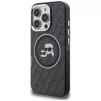 Karl Lagerfeld IML Glitter Karl & Choupette Heads Logo MagSafe puzdro pre Apple iPhone 16 Pro, čierna