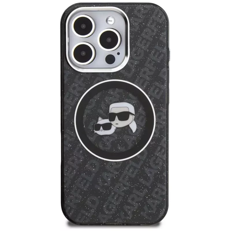 Karl Lagerfeld IML Glitter Karl & Choupette Heads Logo MagSafe puzdro pre Apple iPhone 16 Pro, čierna