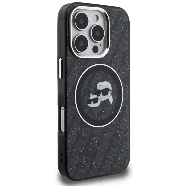 Karl Lagerfeld IML Glitter Karl & Choupette Heads Logo MagSafe puzdro pre Apple iPhone 16 Pro, čierna