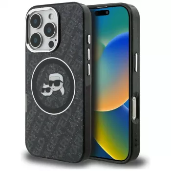 KARL LAGERFELD IML Glitter Karl & Choupette Heads Logo MagSafe puzdro pre iPhone 16 Pro Max, čierna