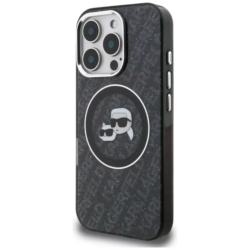 KARL LAGERFELD IML Glitter Karl & Choupette Heads Logo MagSafe puzdro pre iPhone 16 Pro Max, čierna