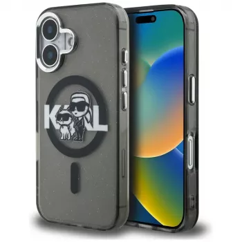 KARL LAGERFELD IML Glitter Karl & Choupette Sketch Logo MagSafe puzdro pre iPhone 16 čierna