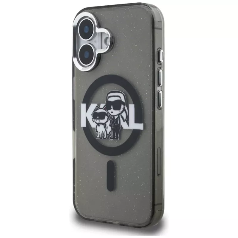 KARL LAGERFELD IML Glitter Karl & Choupette Sketch Logo MagSafe puzdro pre iPhone 16 čierna
