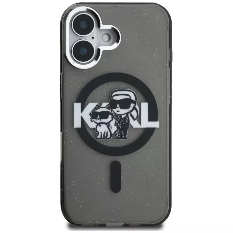 KARL LAGERFELD IML Glitter Karl & Choupette Sketch Logo MagSafe puzdro pre iPhone 16 čierna