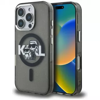 Karl Lagerfeld IML Glitter Karl & Choupette Sketch Logo MagSafe puzdro pre iPhone 16 Pro čierna