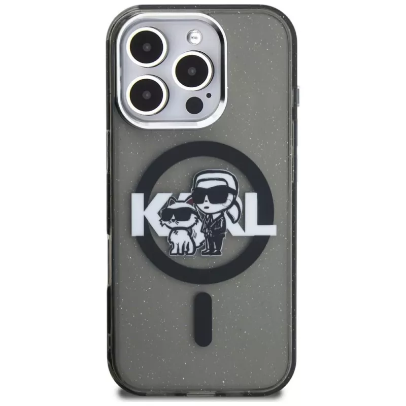 Karl Lagerfeld IML Glitter Karl & Choupette Sketch Logo MagSafe puzdro pre iPhone 16 Pro čierna