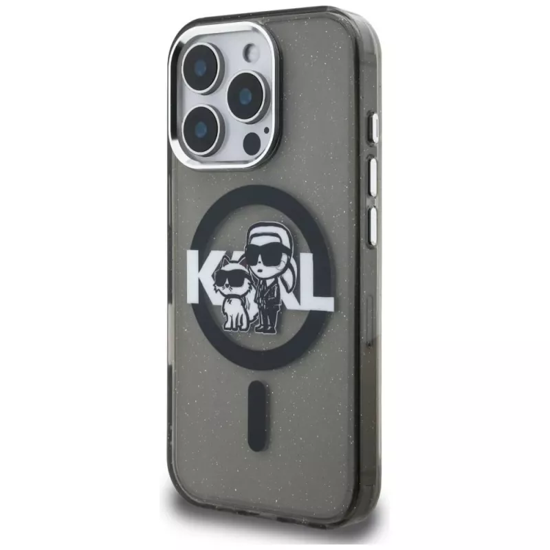 Karl Lagerfeld IML Glitter Karl & Choupette Sketch Logo MagSafe puzdro pre iPhone 16 Pro Max čierna