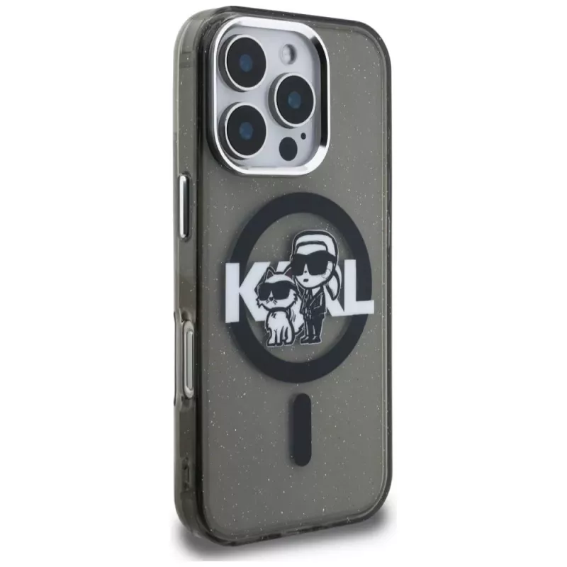 Karl Lagerfeld IML Glitter Karl & Choupette Sketch Logo MagSafe puzdro pre iPhone 16 Pro Max čierna