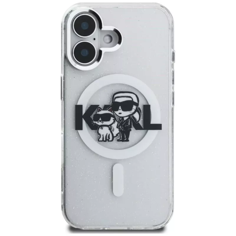 Karl Lagerfeld IML Glitter Karl & Choupette Sketch Logo MagSafe puzdro pre iPhone 16, transparentná