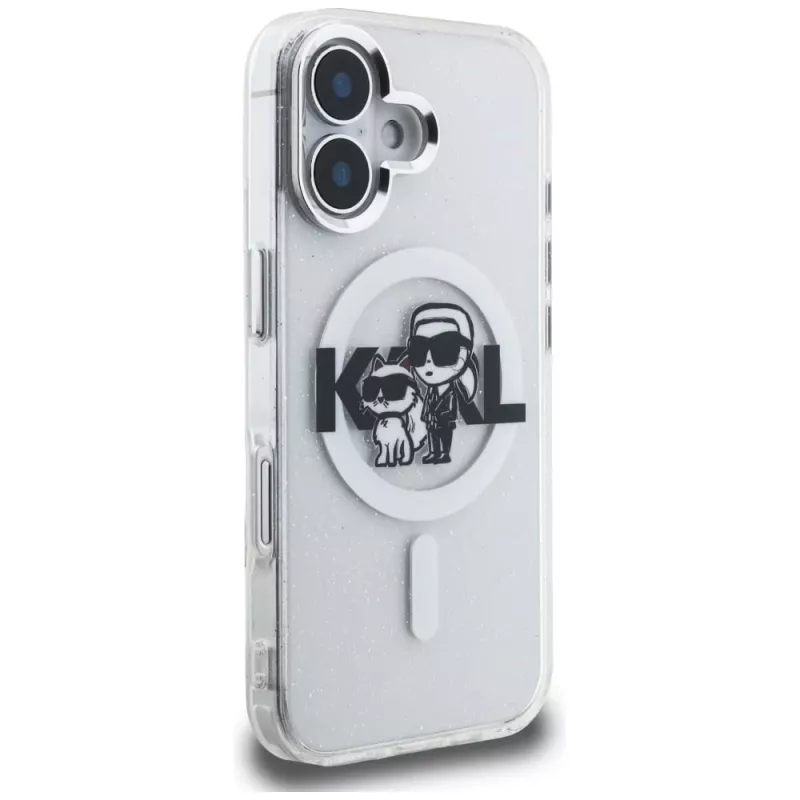 Karl Lagerfeld IML Glitter Karl & Choupette Sketch Logo MagSafe puzdro pre iPhone 16, transparentná