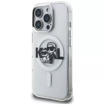KARL LAGERFELD IML Glitter Karl & Choupette Sketch Logo MagSafe puzdro pre iPhone 16 Pro, transparentná