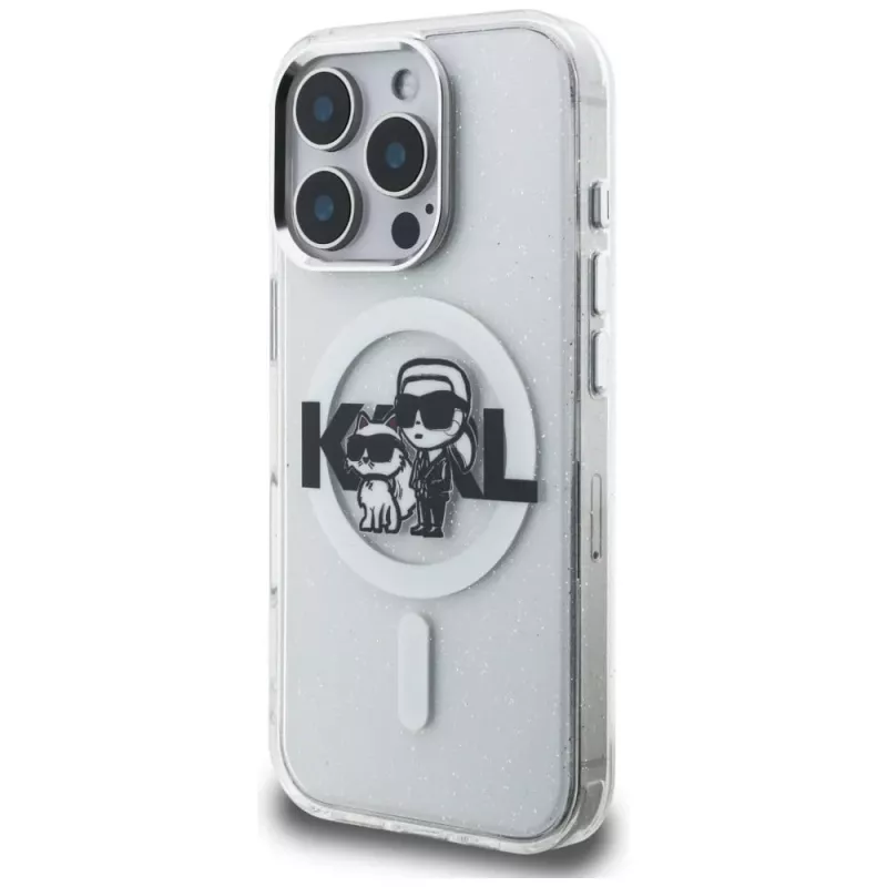 KARL LAGERFELD IML Glitter Karl & Choupette Sketch Logo MagSafe puzdro pre iPhone 16 Pro, transparentná