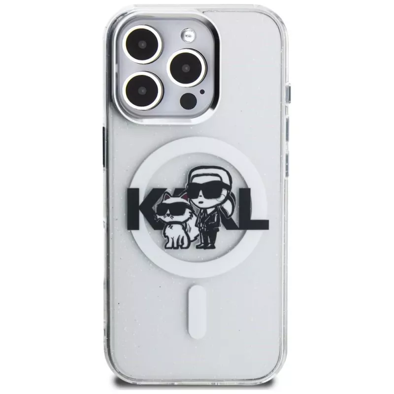 KARL LAGERFELD IML Glitter Karl & Choupette Sketch Logo MagSafe puzdro pre iPhone 16 Pro, transparentná