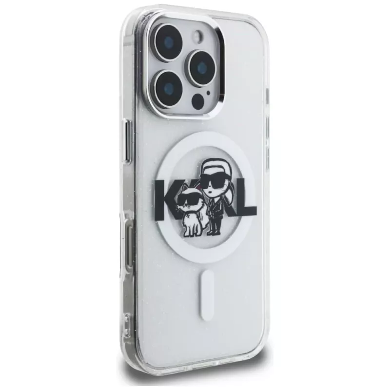 KARL LAGERFELD IML Glitter Karl & Choupette Sketch Logo MagSafe puzdro pre iPhone 16 Pro, transparentná