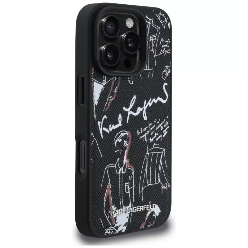 KARL LAGERFELD Grained Pattern & Logo MagSafe puzdro pre iPhone 16 Pro, čierna