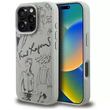 Karl Lagerfeld Grained Pattern & Logo MagSafe puzdro pre Apple iPhone 16 Pro, sivá
