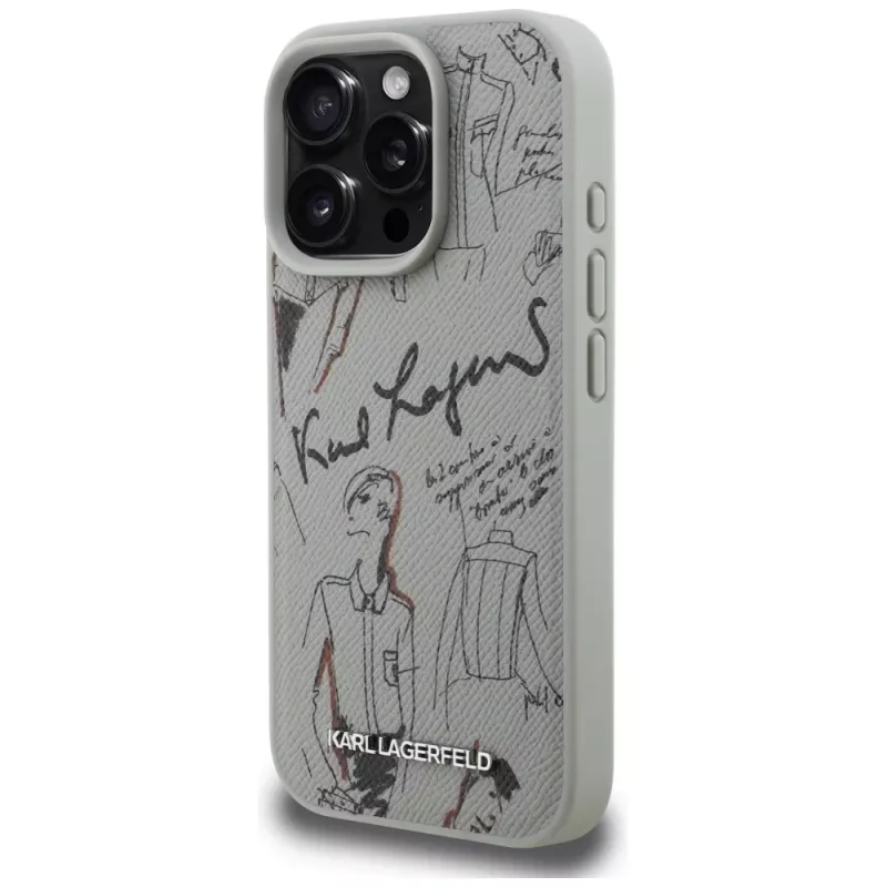 Karl Lagerfeld Grained Pattern & Logo MagSafe puzdro pre Apple iPhone 16 Pro, sivá