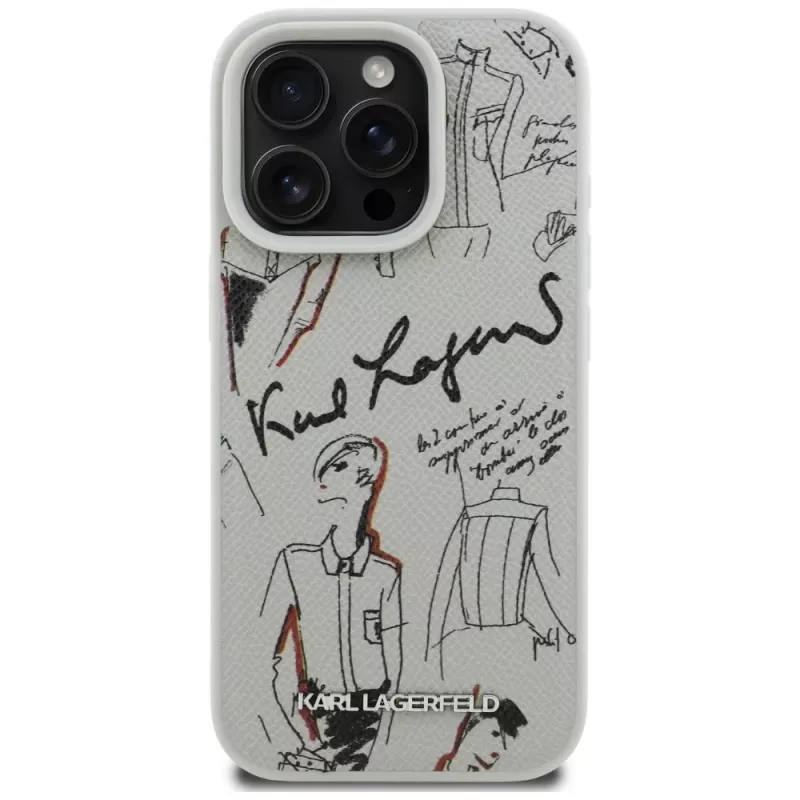 Karl Lagerfeld Grained Pattern & Logo MagSafe puzdro pre Apple iPhone 16 Pro, sivá