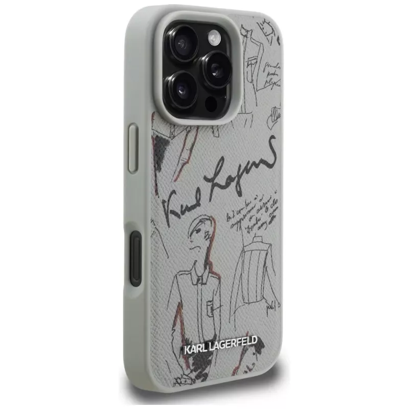 Karl Lagerfeld Grained Pattern & Logo MagSafe puzdro pre Apple iPhone 16 Pro, sivá